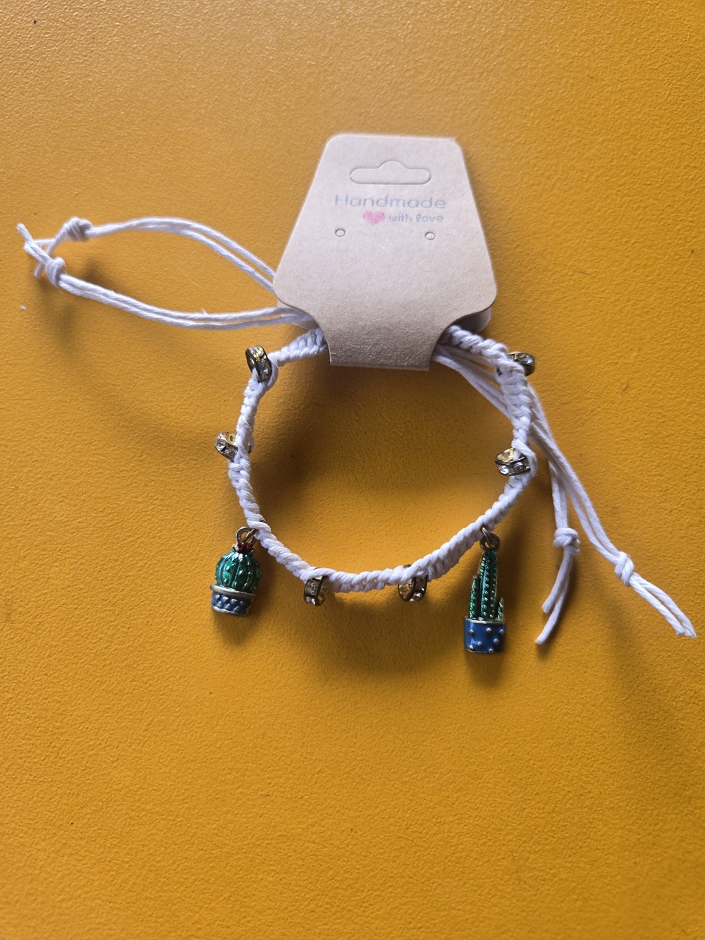 White Braided Bracelet with Green Cactus Charms